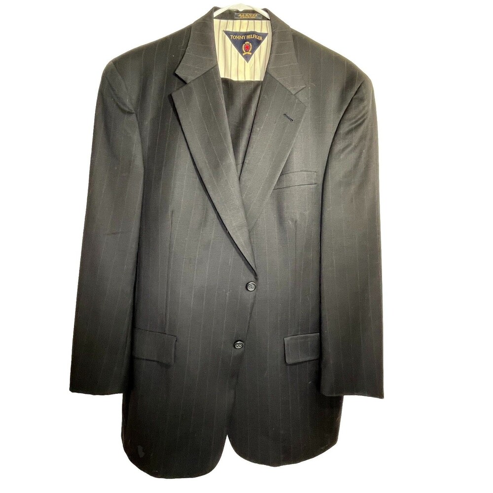 Tommy Hilfiger 2 piece Set VTG Men’s Black Pin striped Pants Jackets USA 44 L 38